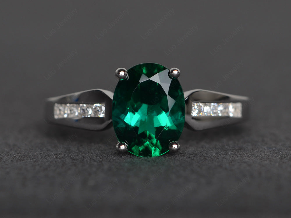 Oval Cut Lab Emerald Ring With Channel Set Band - LUO Jewelry