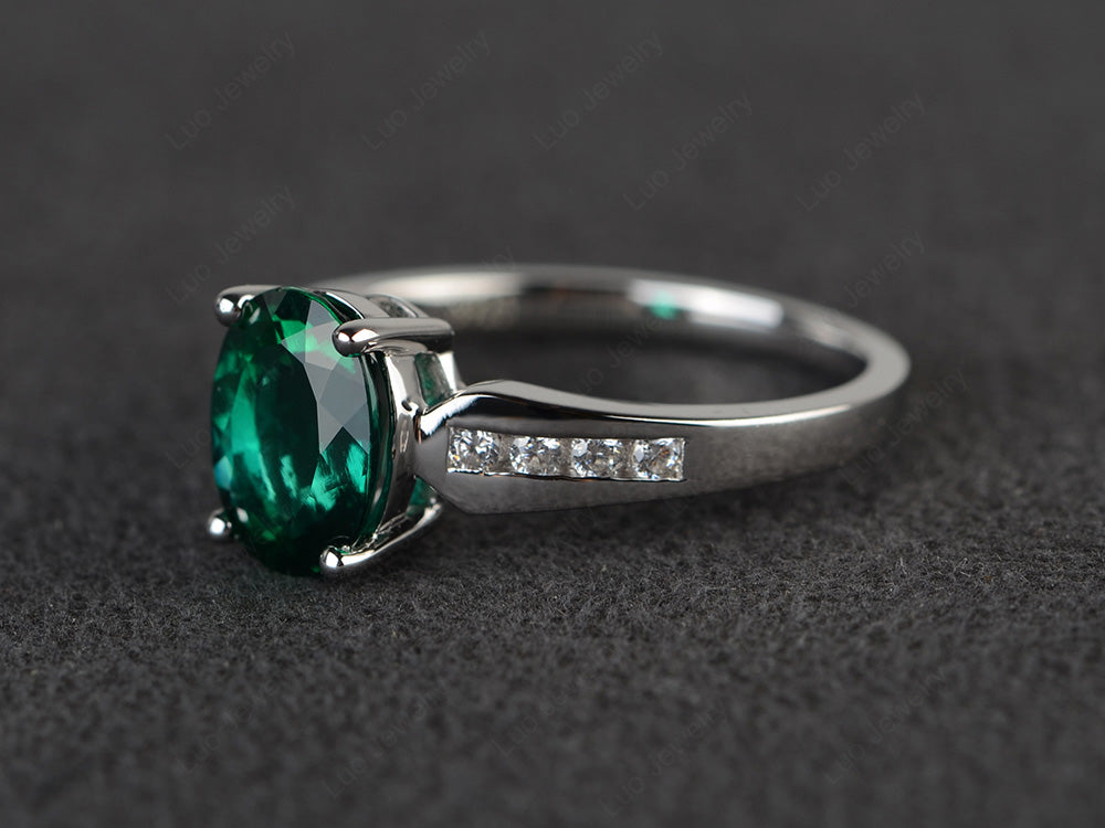 Oval Cut Lab Emerald Ring With Channel Set Band - LUO Jewelry