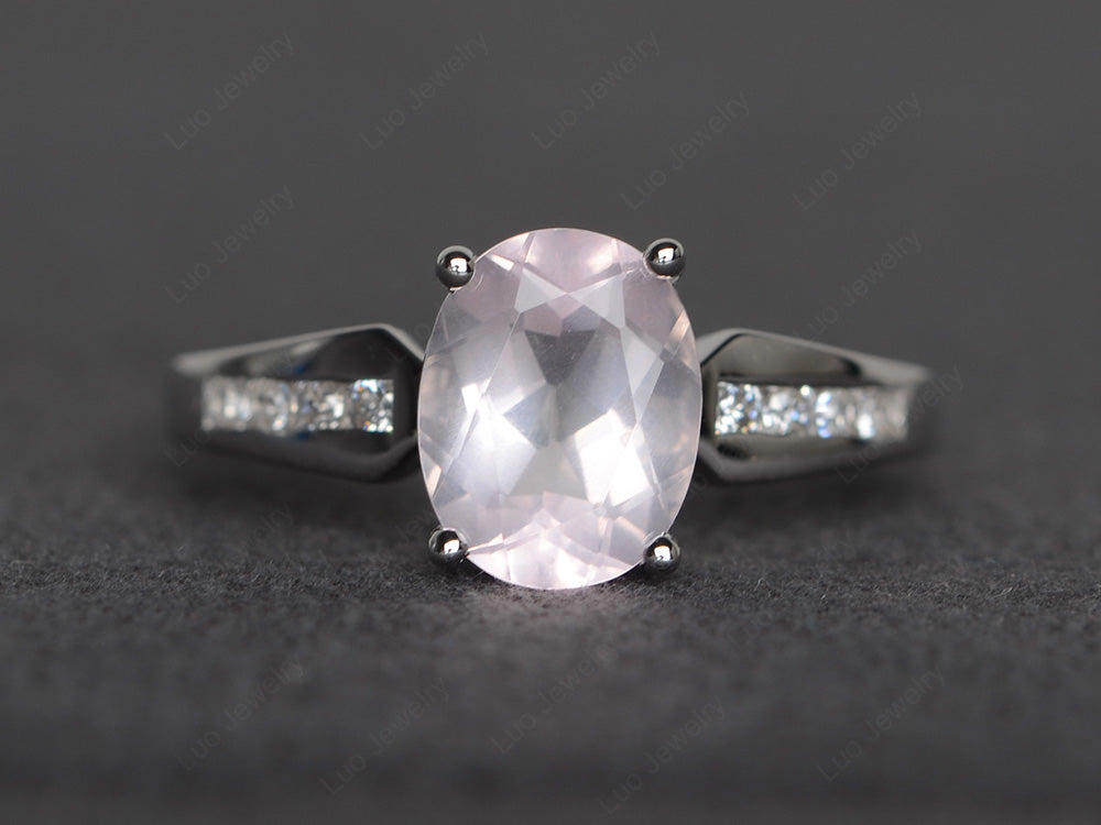 Oval Cut Rose Quartz Ring With Channel Set Band - LUO Jewelry