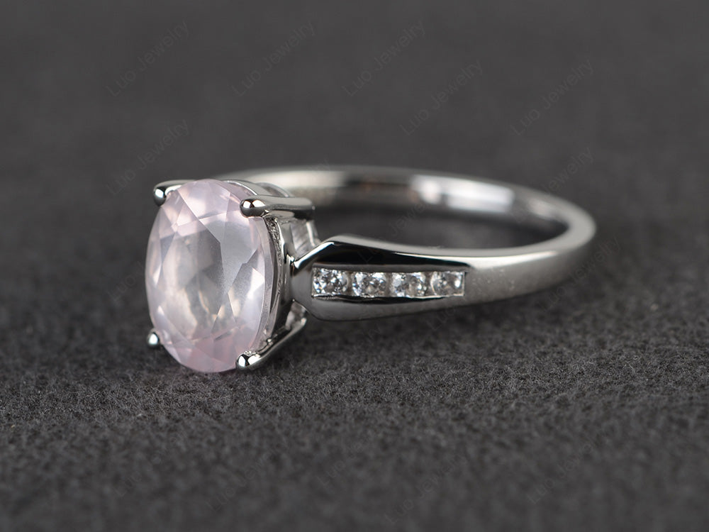 Oval Cut Rose Quartz Ring With Channel Set Band - LUO Jewelry