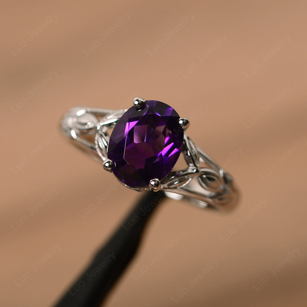 Oval Shaped Amethyst Solitaire Ring Art Deco - LUO Jewelry