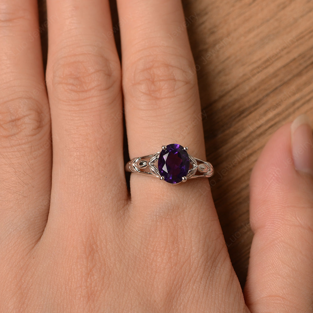 Oval Shaped Amethyst Solitaire Ring Art Deco - LUO Jewelry