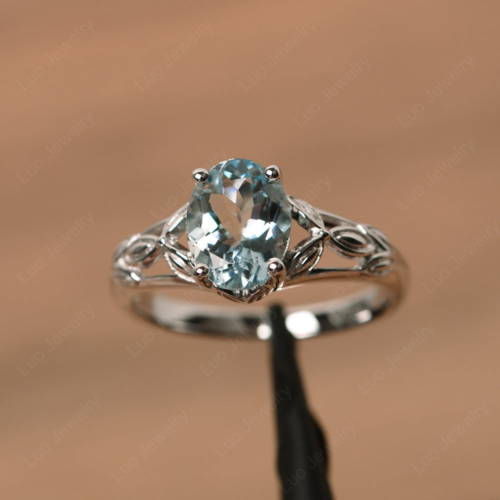 Oval Shaped Aquamarine Solitaire Ring Art Deco - LUO Jewelry