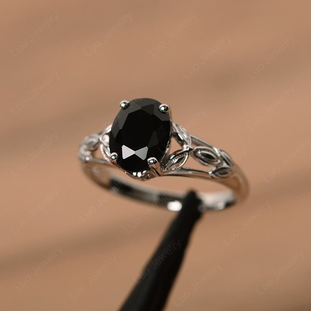 Oval Shaped Black Stone Solitaire Ring Art Deco - LUO Jewelry
