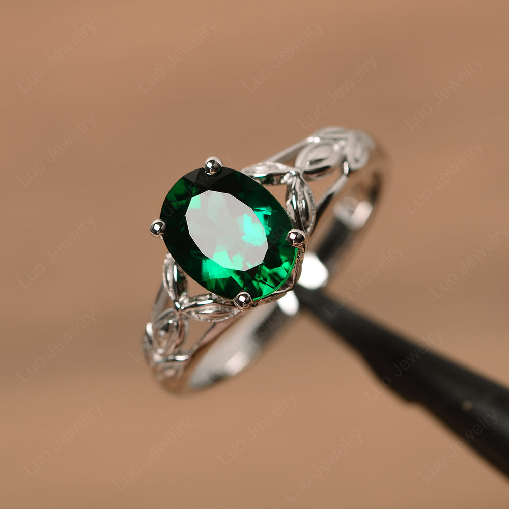 Oval Shaped Lab Emerald Solitaire Ring Art Deco - LUO Jewelry