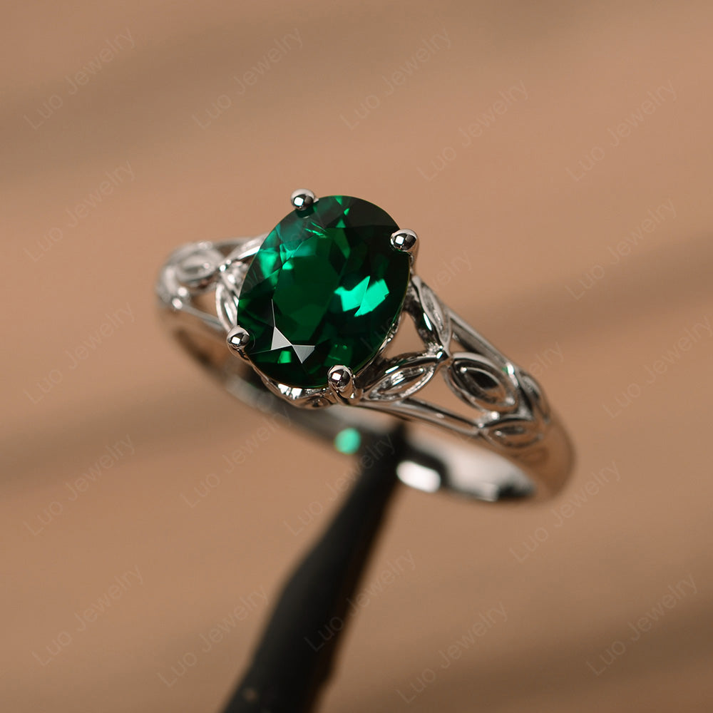 Oval Shaped Lab Emerald Solitaire Ring Art Deco - LUO Jewelry