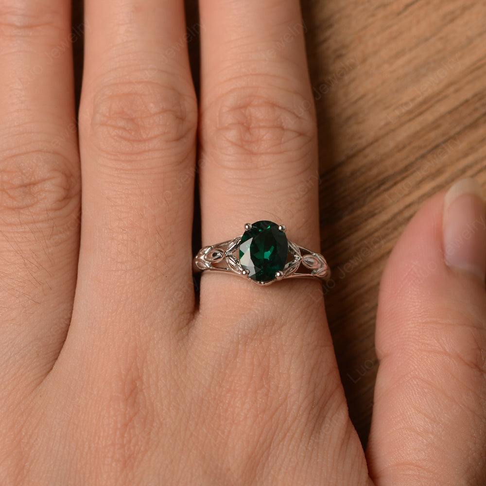 Oval Shaped Lab Emerald Solitaire Ring Art Deco - LUO Jewelry