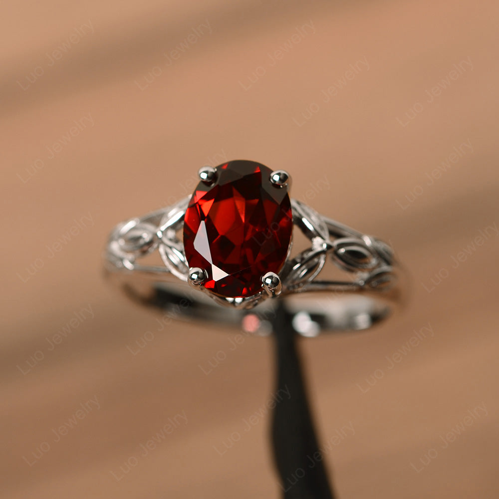 Oval Shaped Garnet Solitaire Ring Art Deco - LUO Jewelry