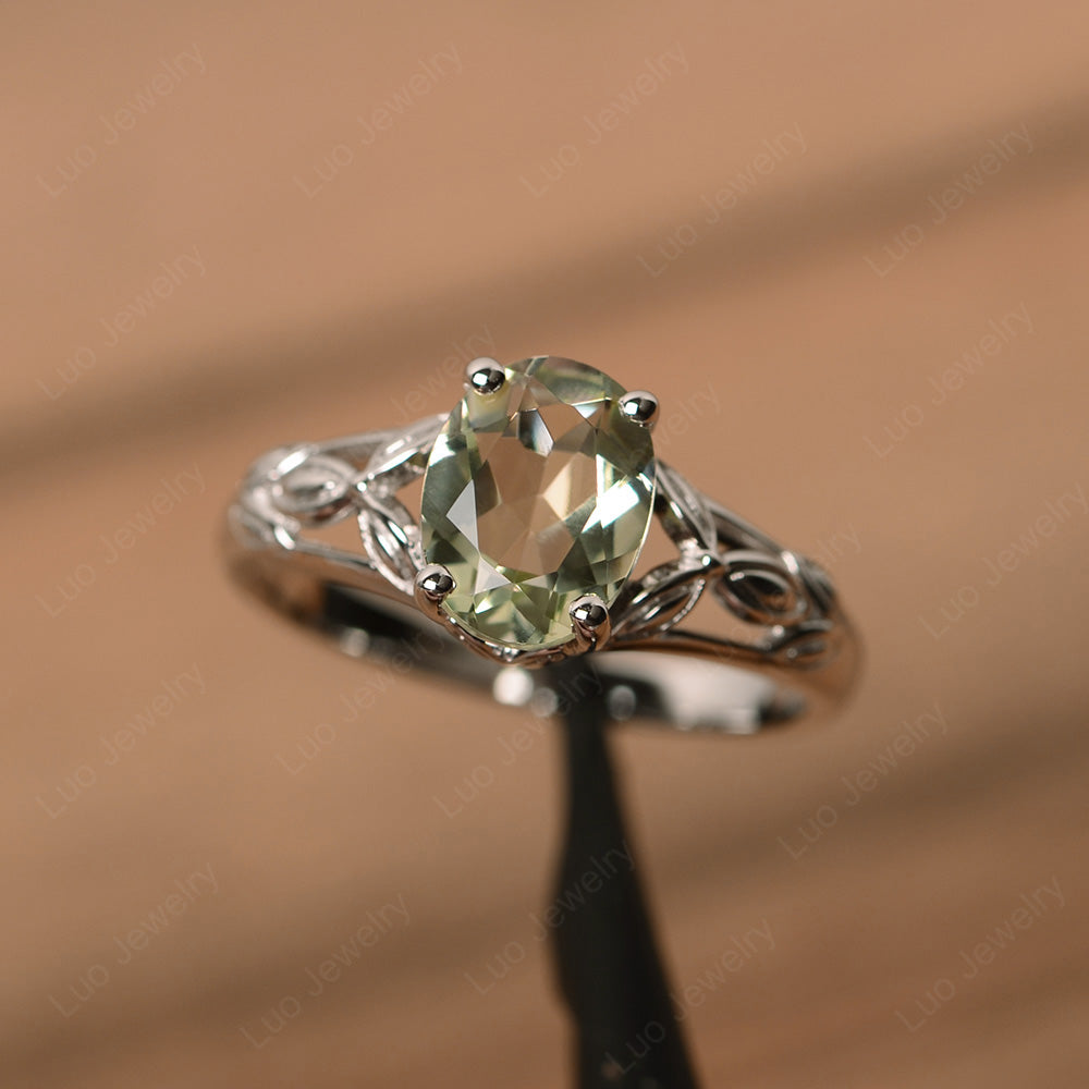 Oval Shaped Green Amethyst Solitaire Ring Art Deco - LUO Jewelry