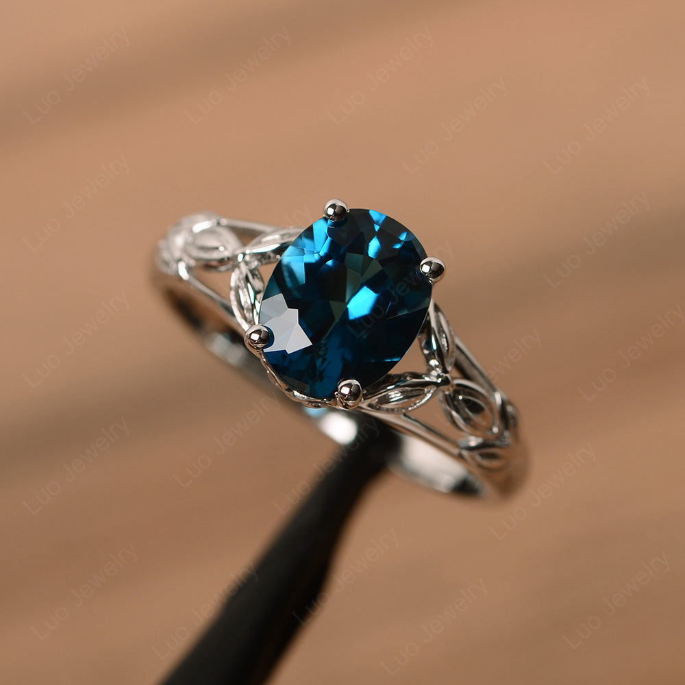 Oval Shaped London Blue Topaz Solitaire Ring Art Deco - LUO Jewelry