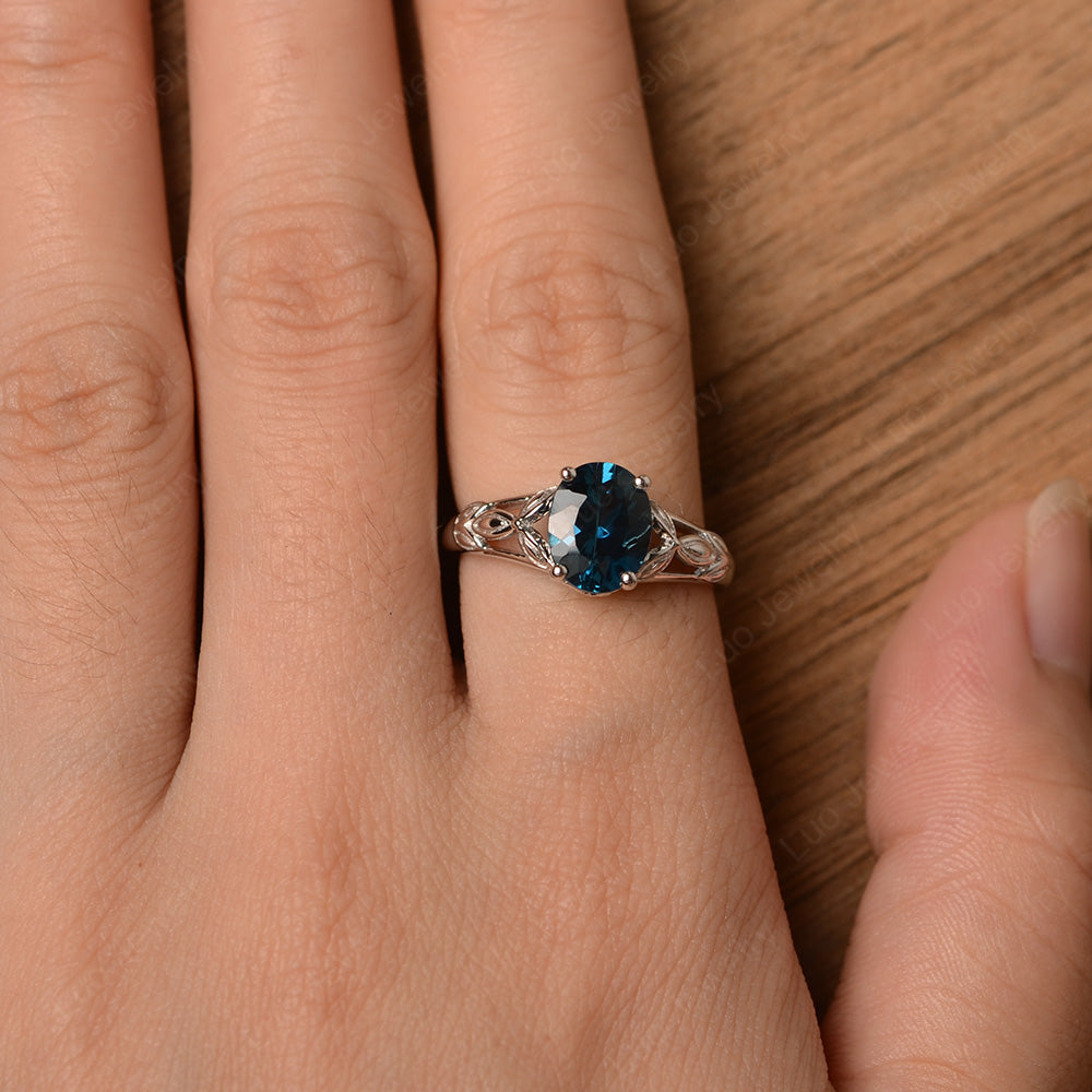 Oval Shaped London Blue Topaz Solitaire Ring Art Deco - LUO Jewelry