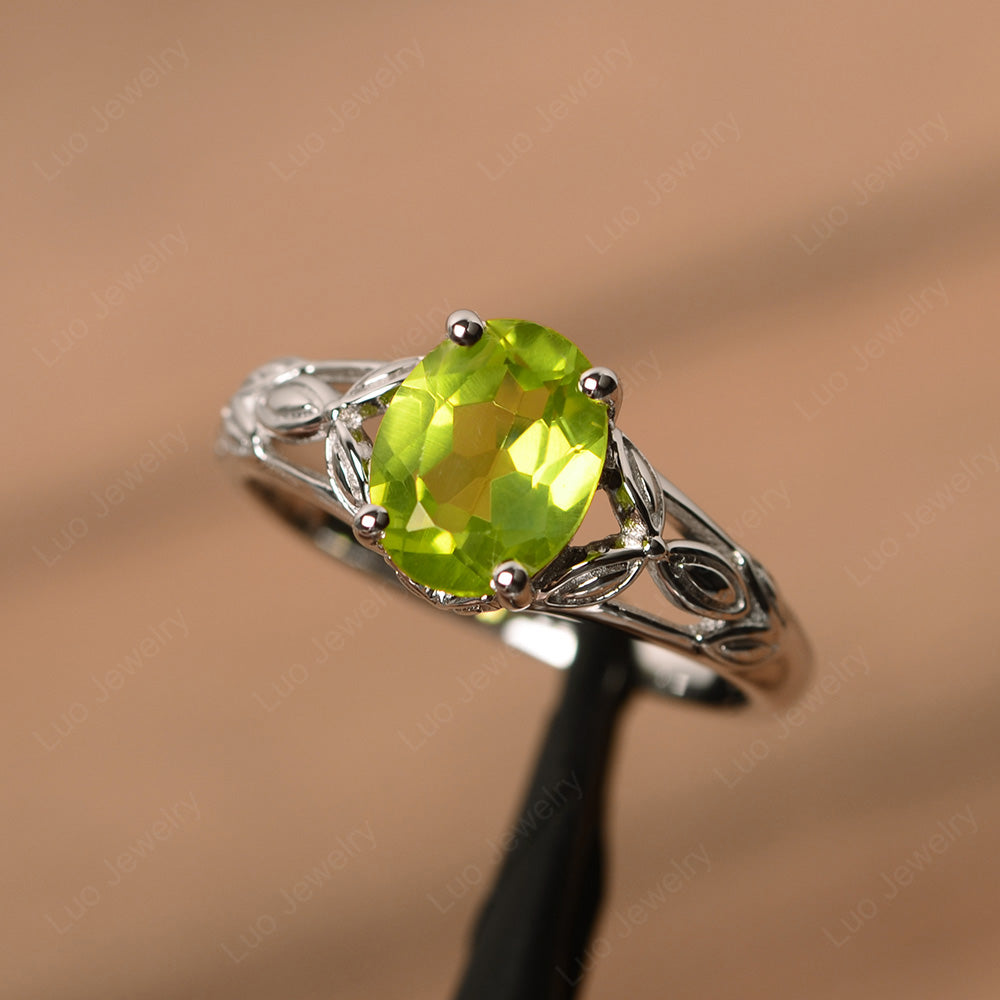 Oval Shaped Peridot Solitaire Ring Art Deco - LUO Jewelry