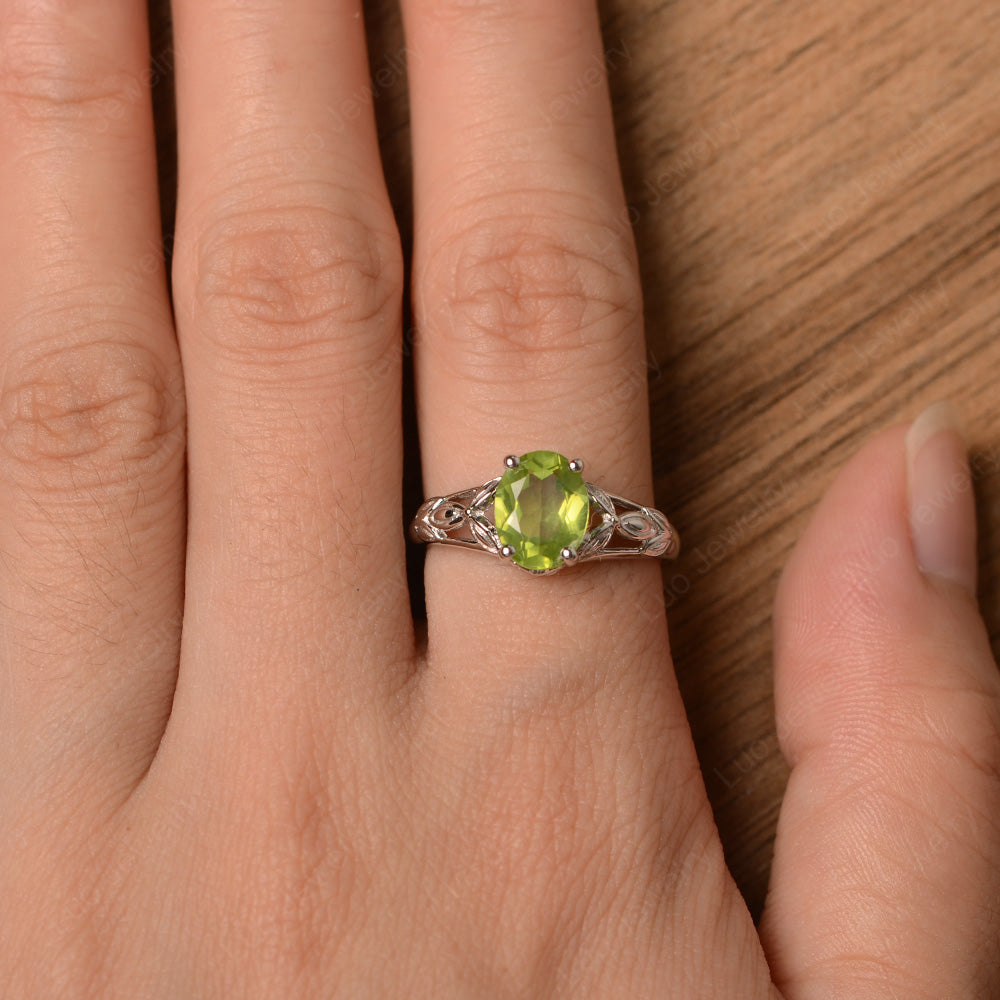 Oval Shaped Peridot Solitaire Ring Art Deco - LUO Jewelry