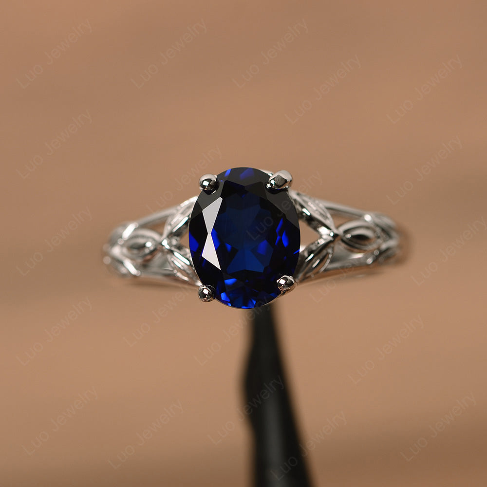 Oval Shaped Lab Sapphire Solitaire Ring Art Deco - LUO Jewelry