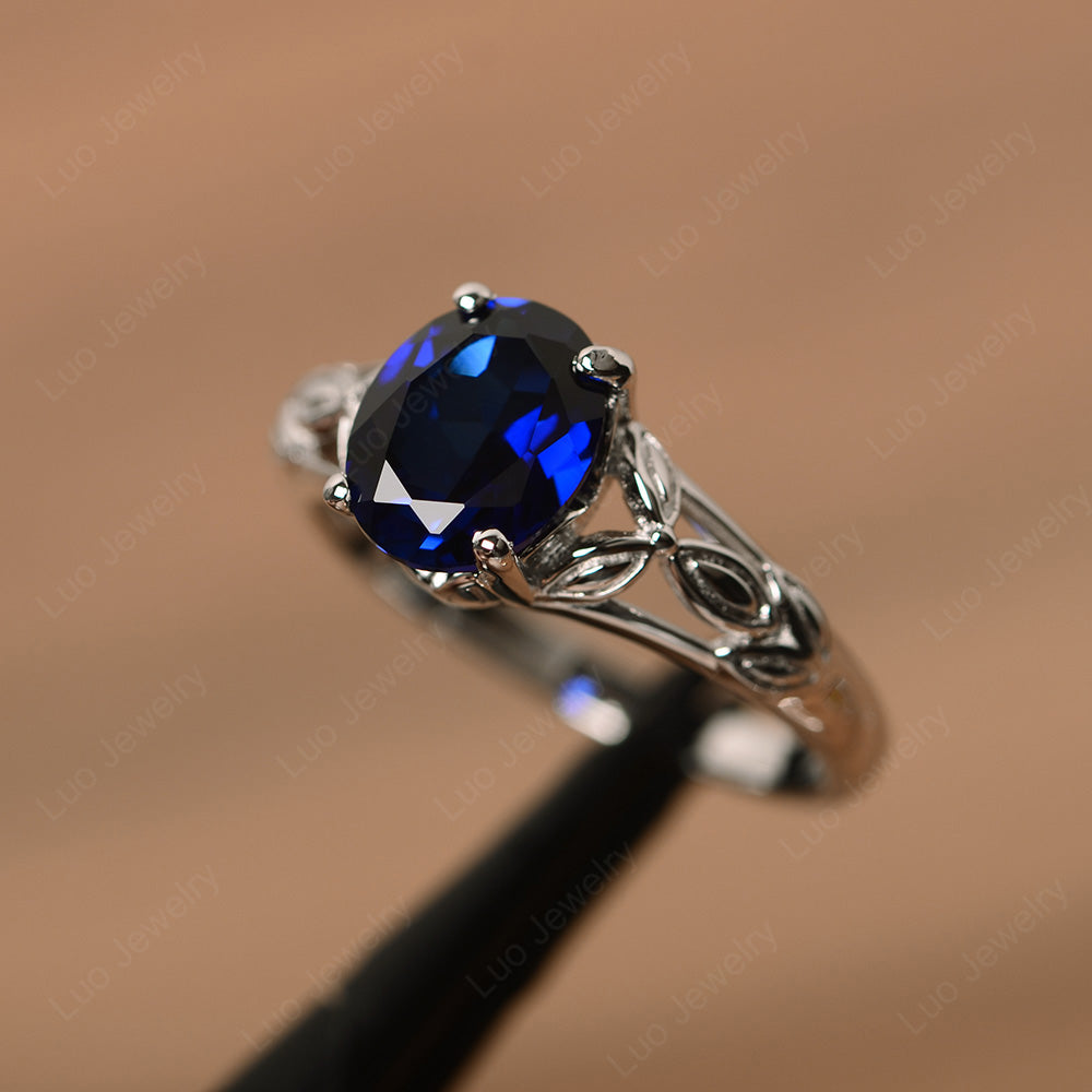 Oval Shaped Lab Sapphire Solitaire Ring Art Deco - LUO Jewelry