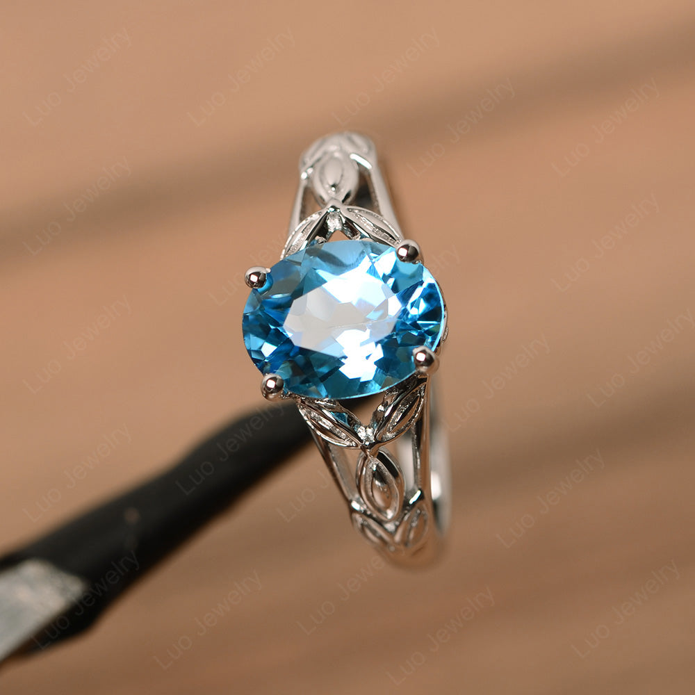 Oval Shaped Swiss Blue Topaz Solitaire Ring Art Deco - LUO Jewelry
