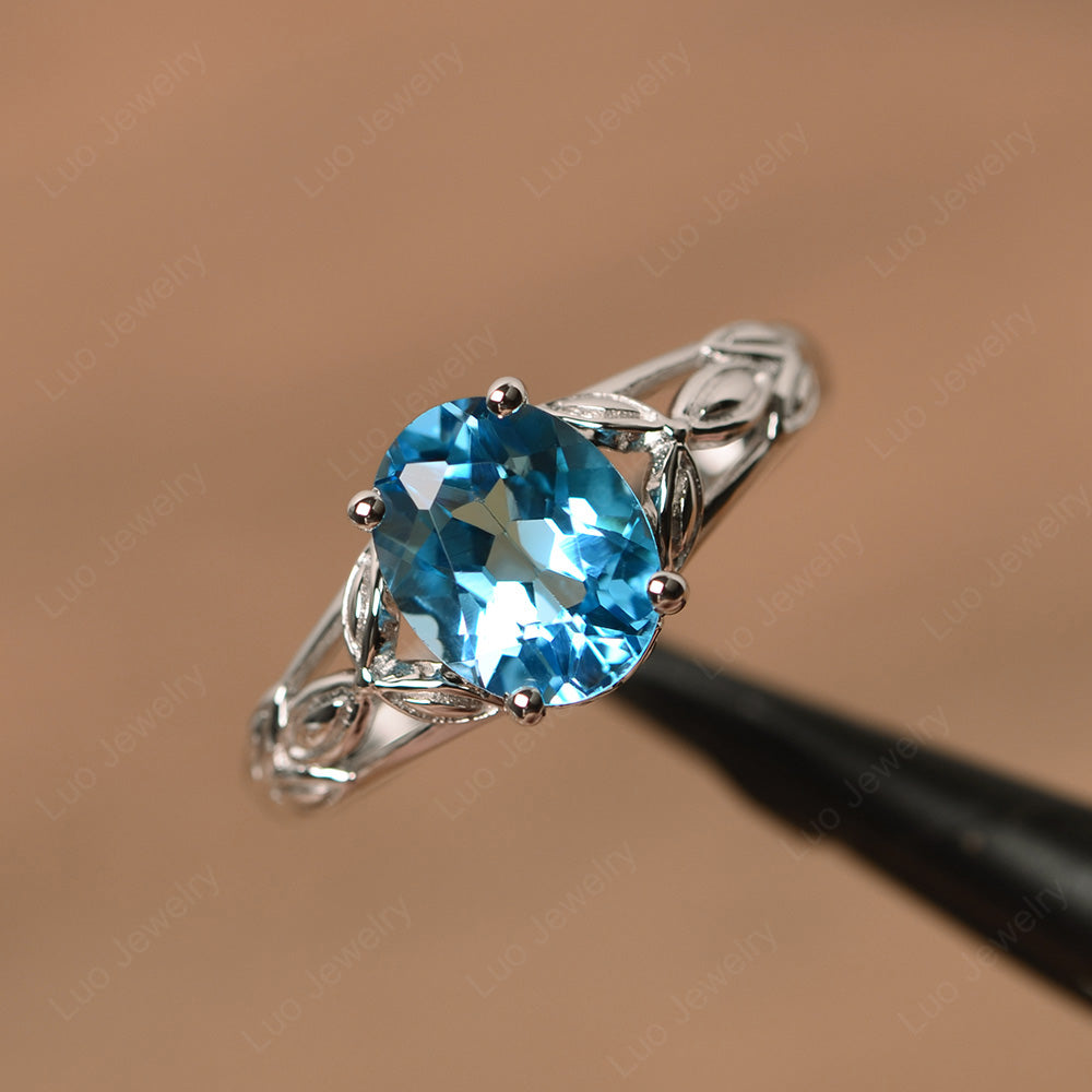 Oval Shaped Swiss Blue Topaz Solitaire Ring Art Deco - LUO Jewelry