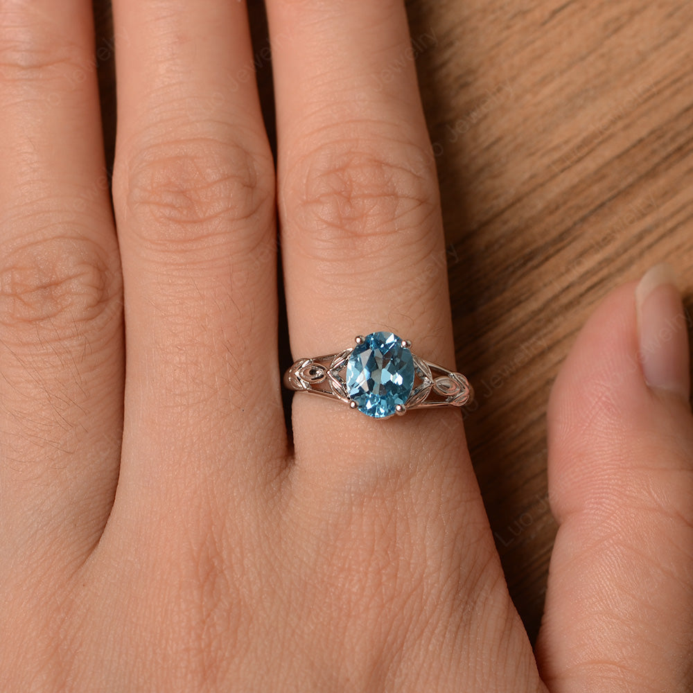 Oval Shaped Swiss Blue Topaz Solitaire Ring Art Deco - LUO Jewelry