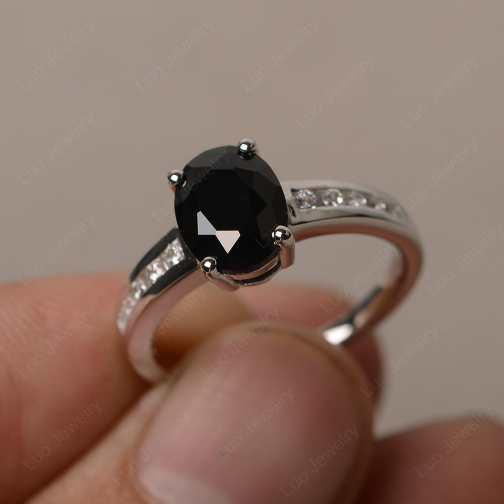 Black Stone Engagement Ring Oval Cut Rose Gold - LUO Jewelry