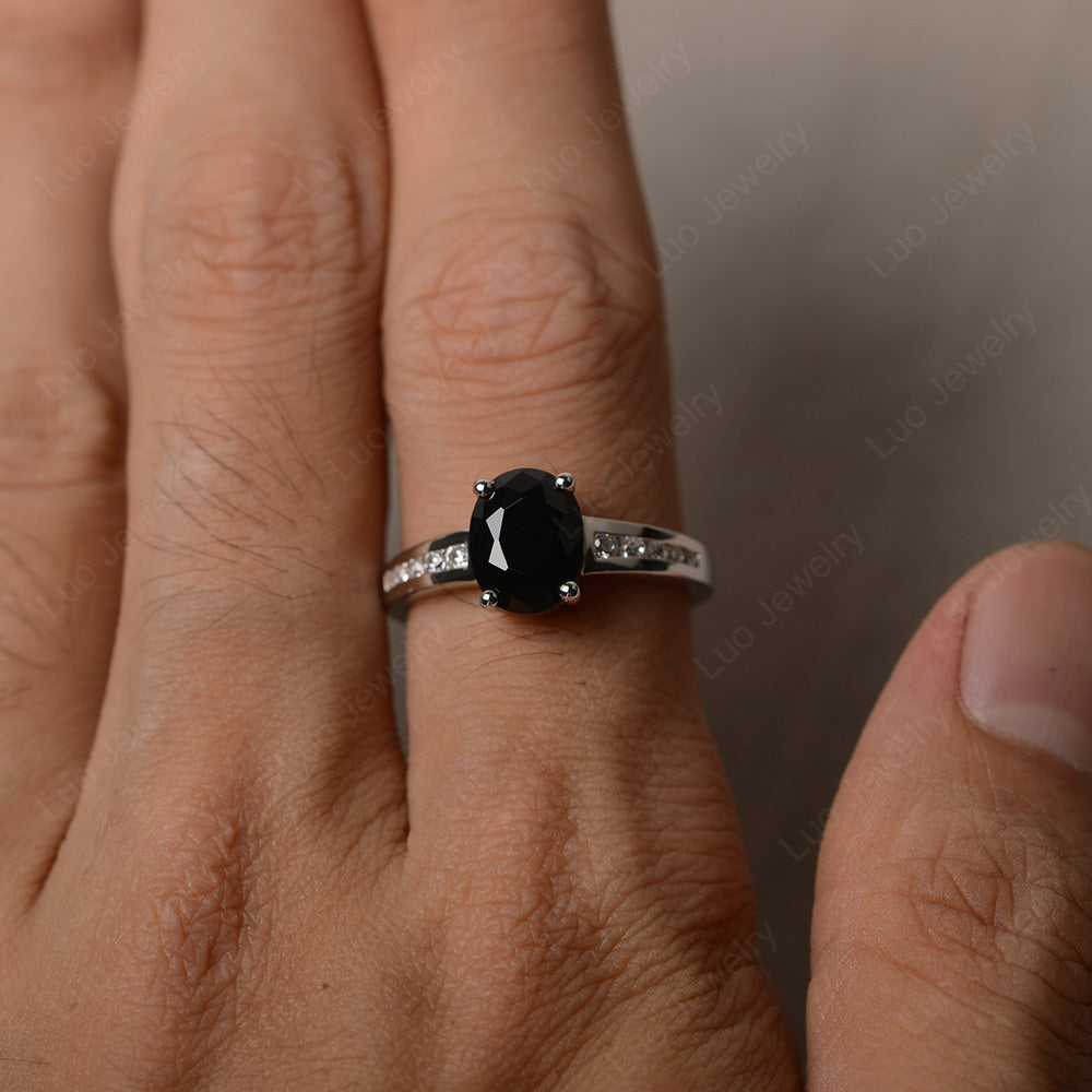Black Stone Engagement Ring Oval Cut Rose Gold - LUO Jewelry