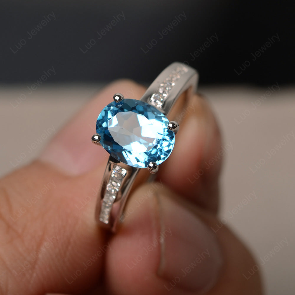 Swiss Blue Topaz Engagement Ring Oval Cut Rose Gold - LUO Jewelry