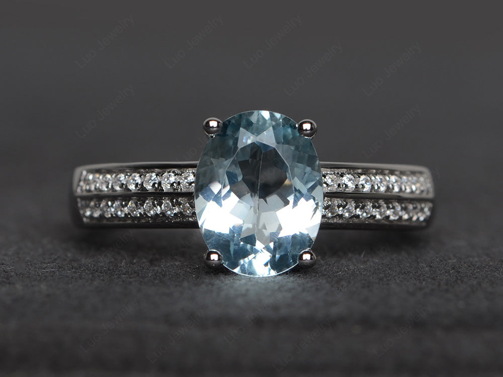 Double Pave Oval Cut Aquamarine Ring White Gold - LUO Jewelry