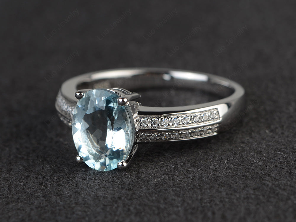 Double Pave Oval Cut Aquamarine Ring White Gold - LUO Jewelry
