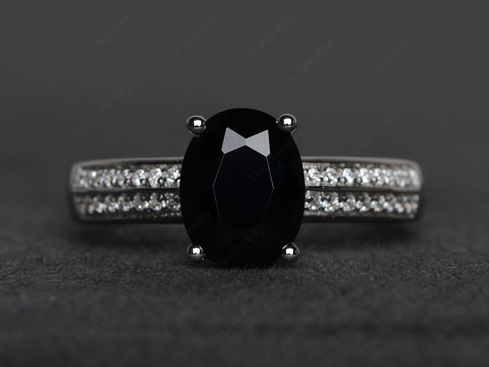 Double Pave Oval Cut Black Stone Ring White Gold - LUO Jewelry