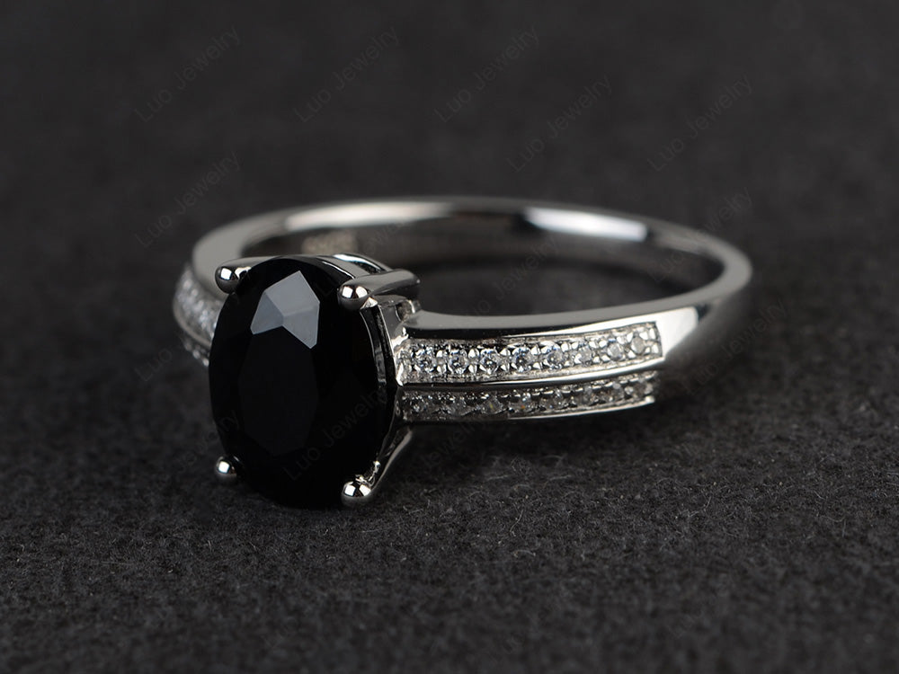 Double Pave Oval Cut Black Stone Ring White Gold - LUO Jewelry