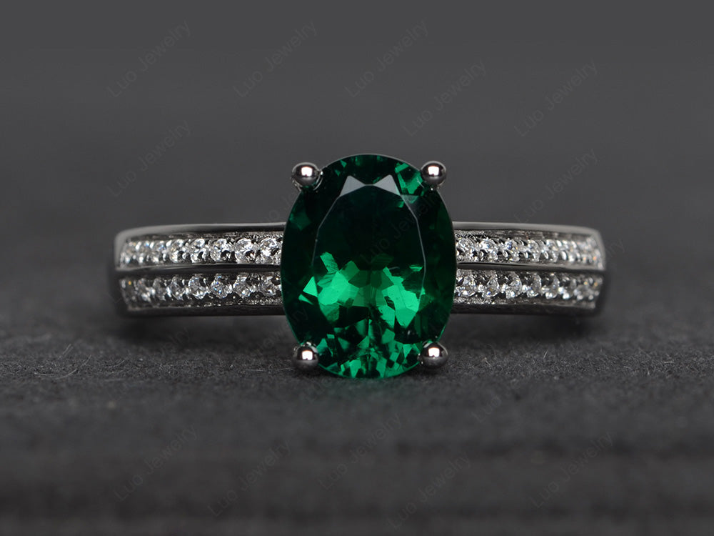 Double Pave Oval Cut Lab Emerald Ring White Gold - LUO Jewelry