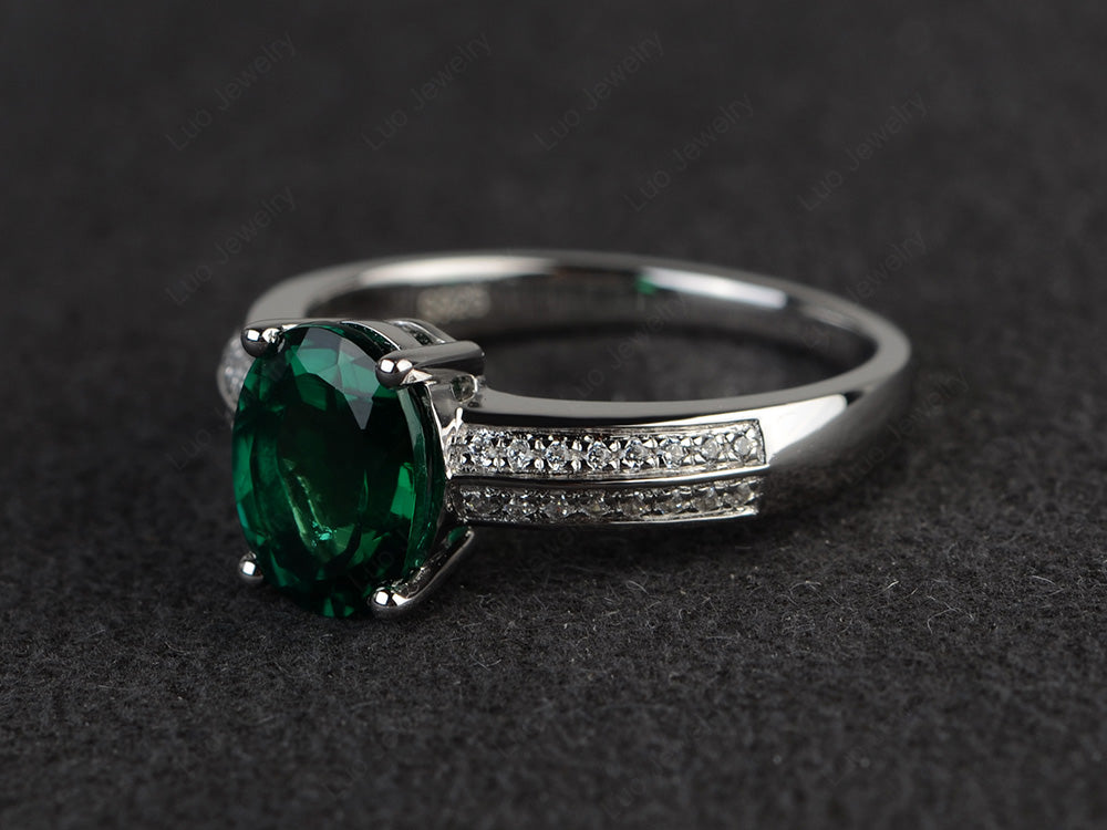 Double Pave Oval Cut Lab Emerald Ring White Gold - LUO Jewelry