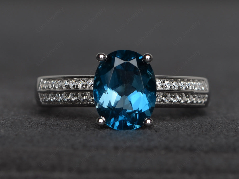 Double Pave Oval Cut London Blue Topaz Ring White Gold - LUO Jewelry