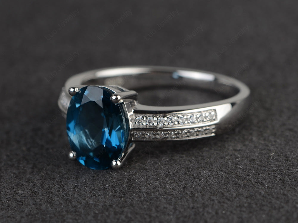 Double Pave Oval Cut London Blue Topaz Ring White Gold - LUO Jewelry