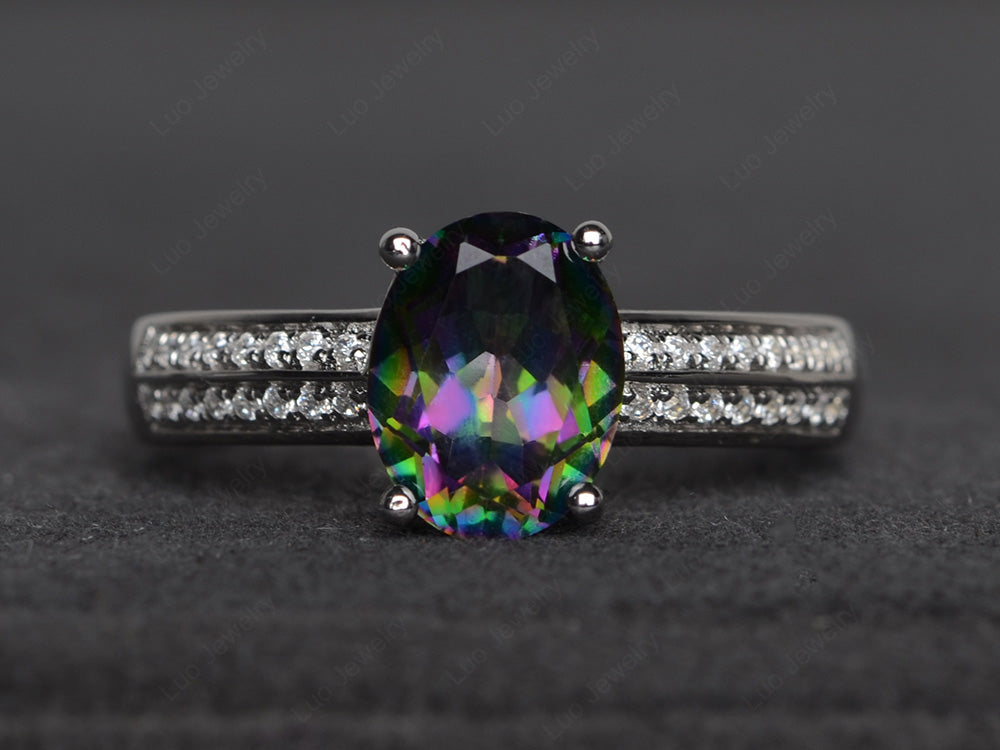 Double Pave Oval Cut Mystic Topaz Ring White Gold - LUO Jewelry