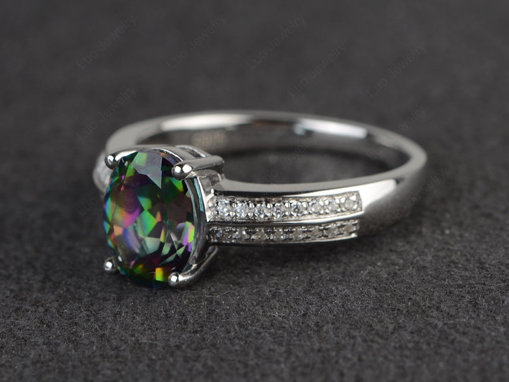 Double Pave Oval Cut Mystic Topaz Ring White Gold - LUO Jewelry