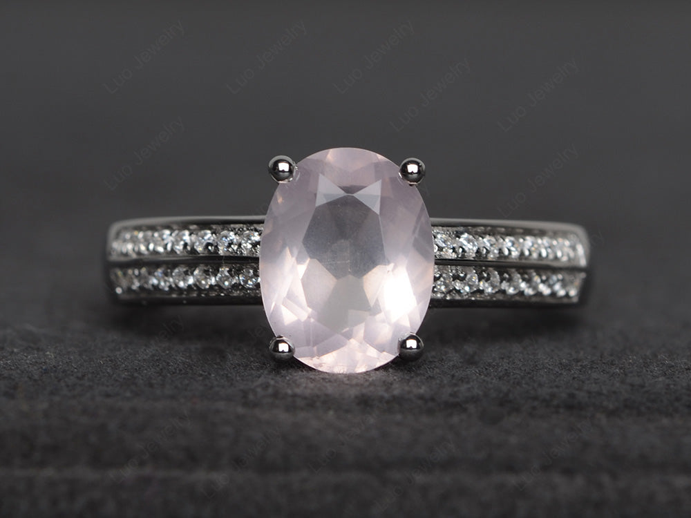 Double Pave Oval Cut Rose Quartz Ring White Gold - LUO Jewelry