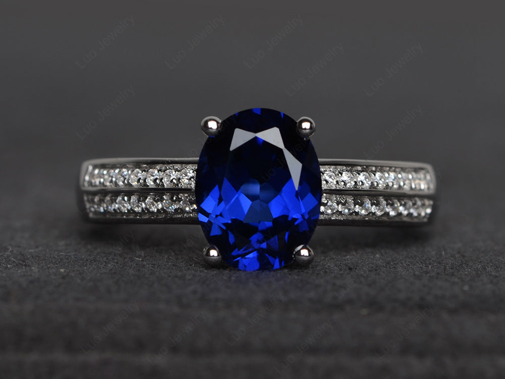Double Pave Oval Cut Lab Sapphire Ring White Gold - LUO Jewelry