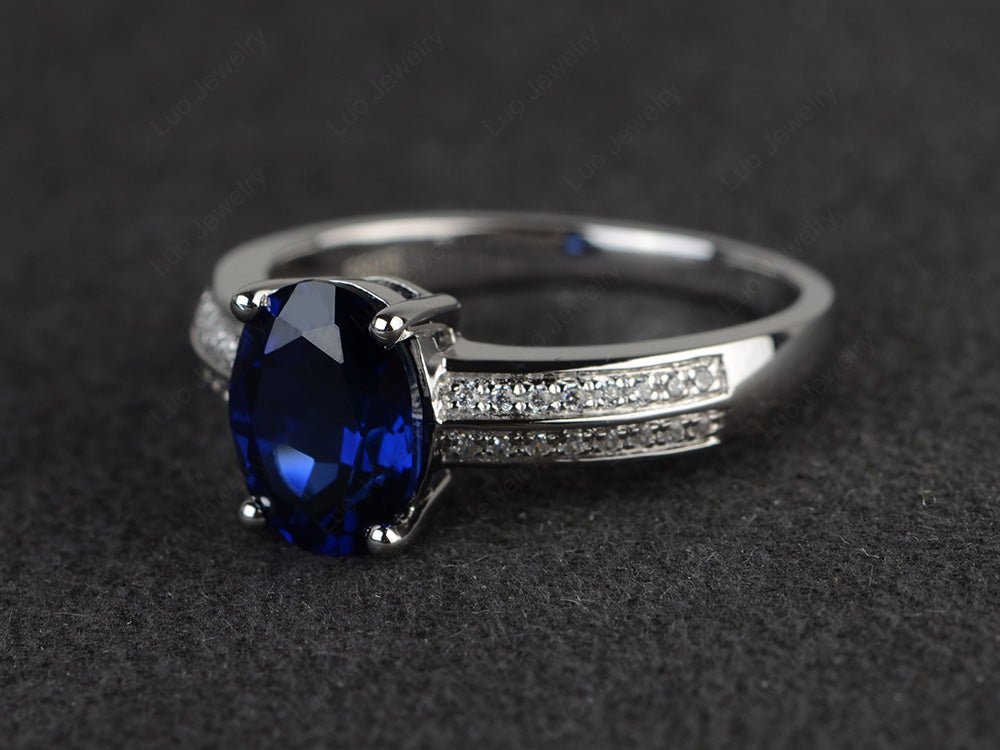 Double Pave Oval Cut Lab Sapphire Ring White Gold - LUO Jewelry