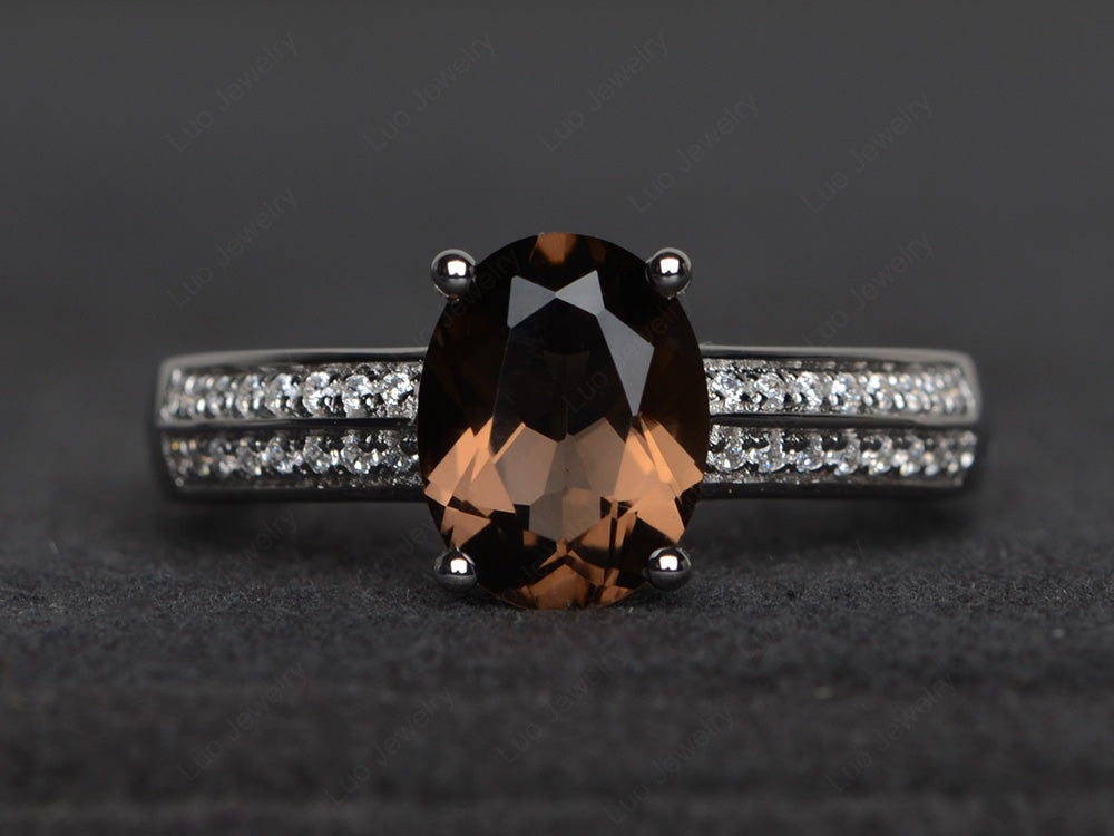 Double Pave Oval Cut Smoky Quartz  Ring White Gold - LUO Jewelry