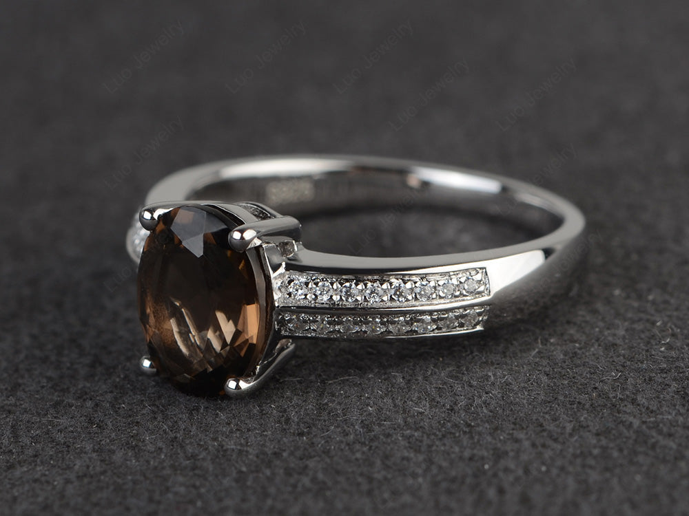 Double Pave Oval Cut Smoky Quartz  Ring White Gold - LUO Jewelry