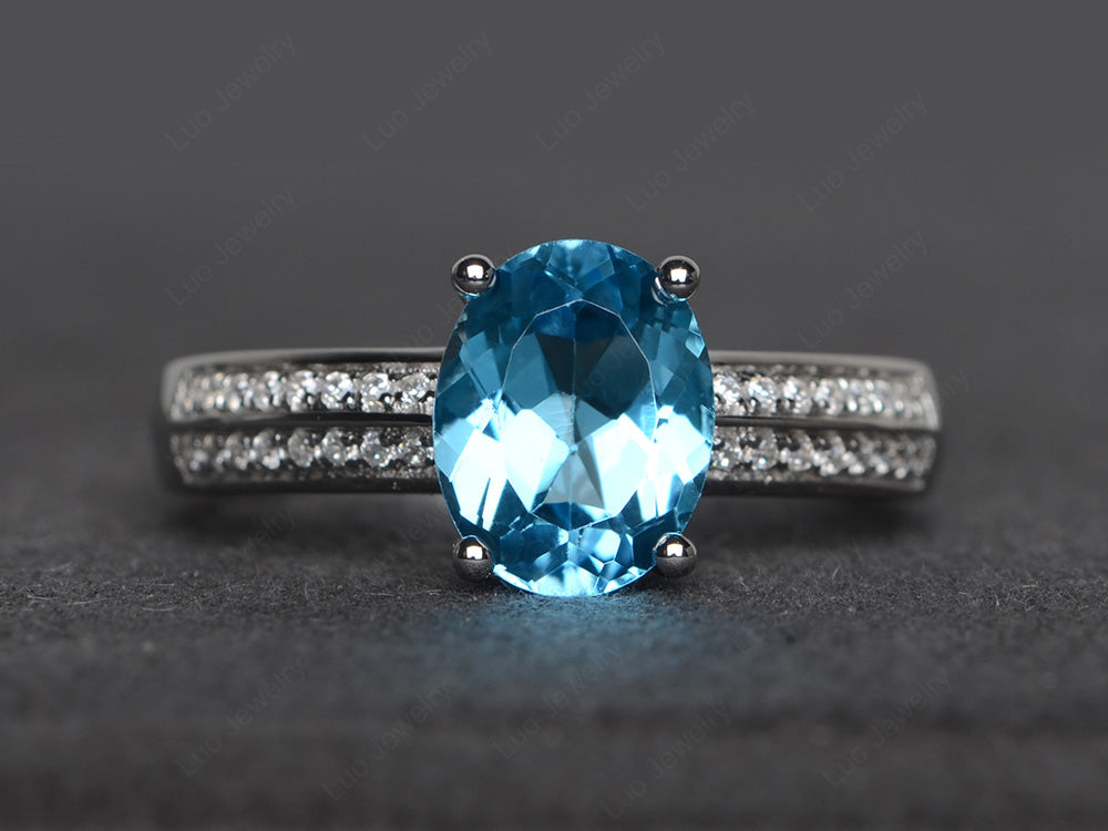 Double Pave Oval Cut Swiss Blue Topaz Ring White Gold - LUO Jewelry