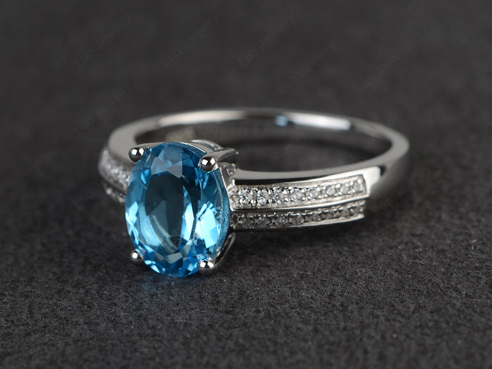 Double Pave Oval Cut Swiss Blue Topaz Ring White Gold - LUO Jewelry