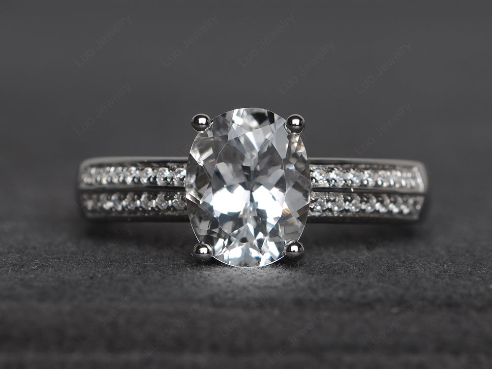 Double Pave Oval Cut White Topaz Ring White Gold - LUO Jewelry
