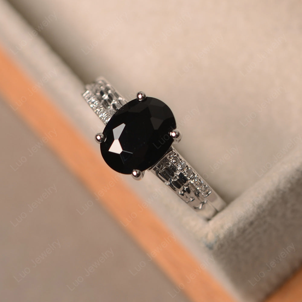 Oval Cut Vintage Black Spinel Ring White Gold - LUO Jewelry