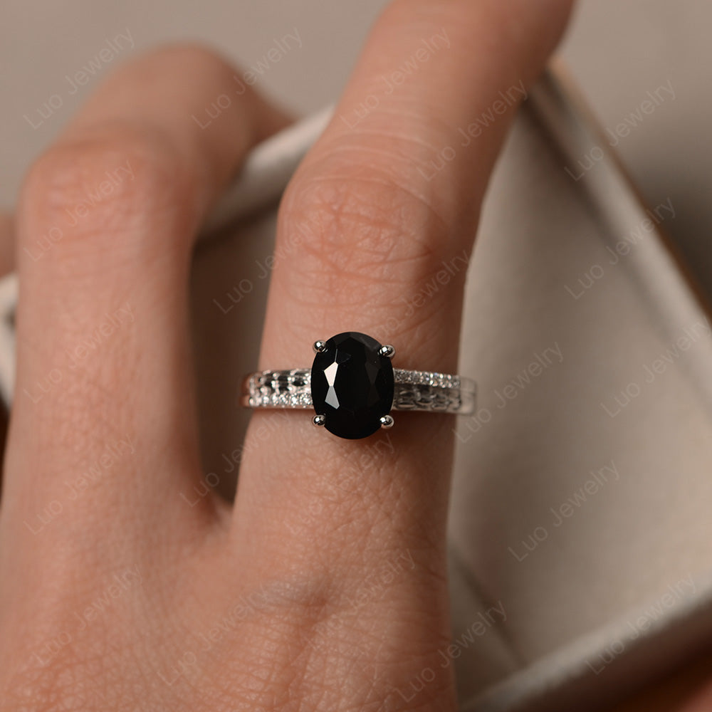 Oval Cut Vintage Black Spinel Ring White Gold - LUO Jewelry