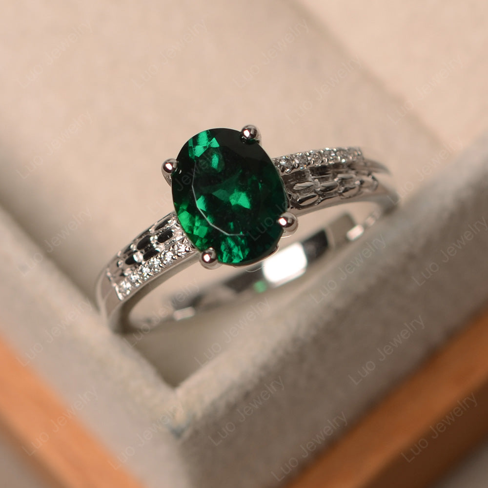 Oval Cut Vintage Lab Emerald Ring White Gold - LUO Jewelry