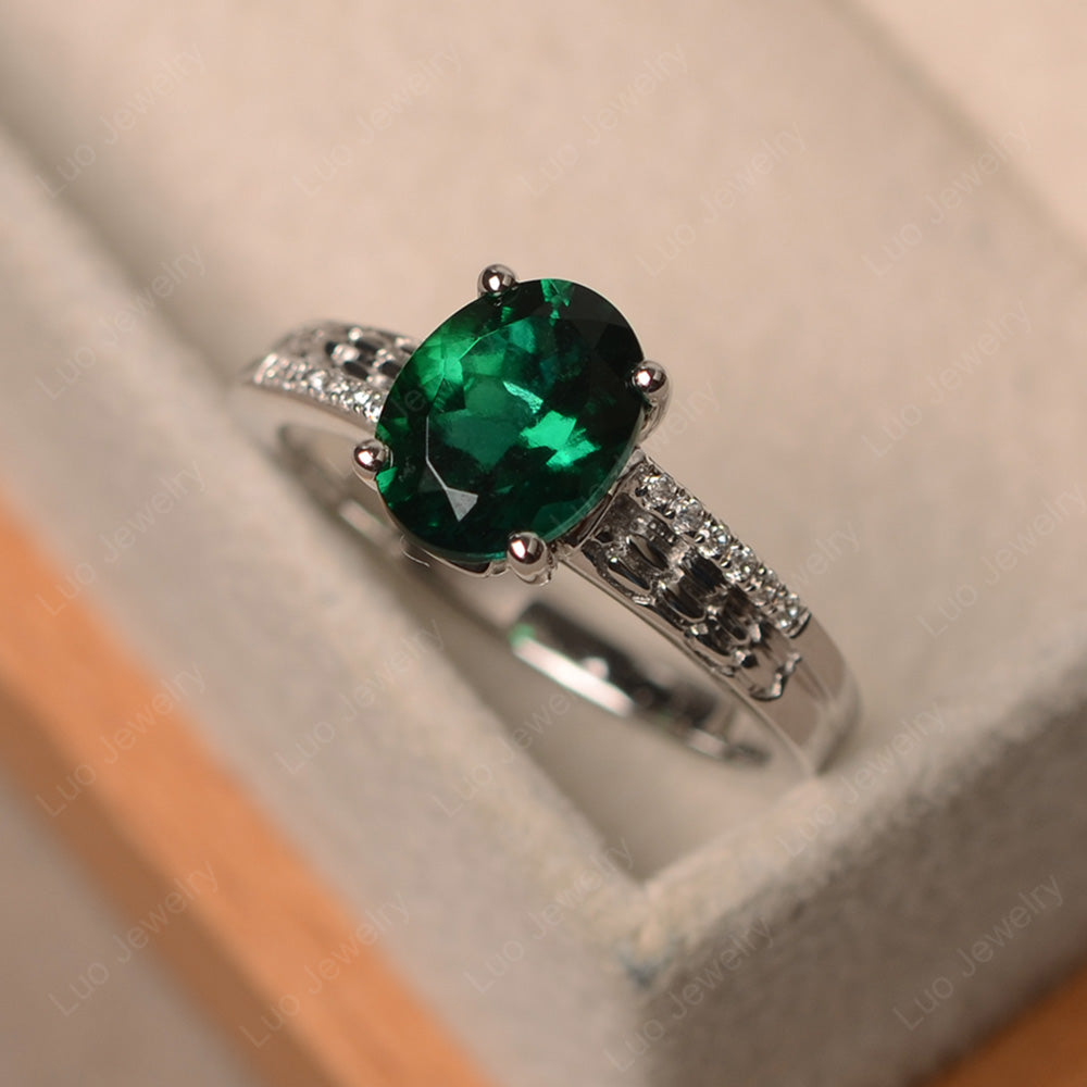 Oval Cut Vintage Lab Emerald Ring White Gold - LUO Jewelry