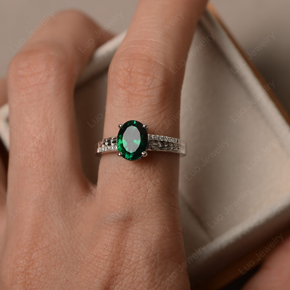 Oval Cut Vintage Lab Emerald Ring White Gold - LUO Jewelry