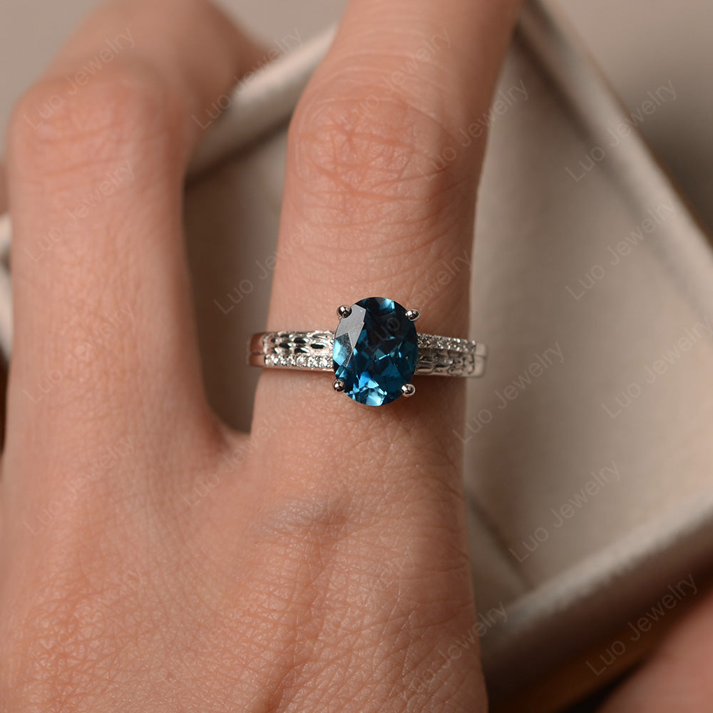 Oval Cut Vintage London Blue Topaz Ring White Gold - LUO Jewelry
