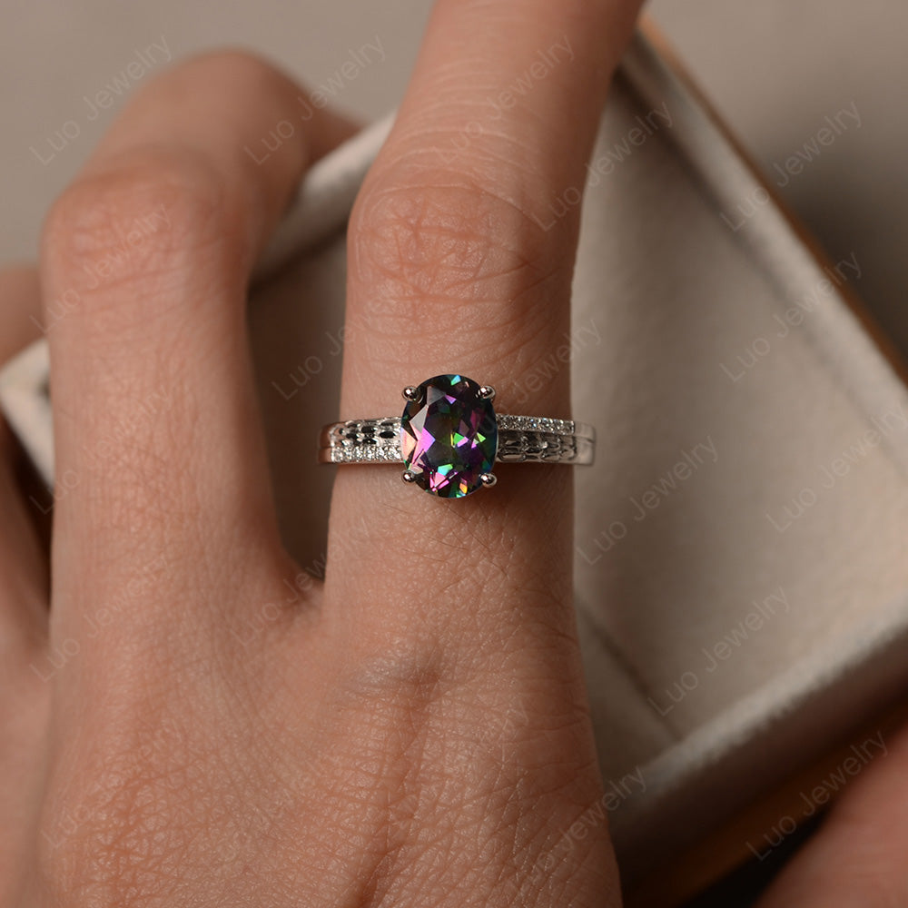 Oval Cut Vintage Mystic Topaz Ring White Gold - LUO Jewelry